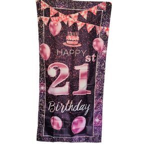 Happy‎ 21st Birthday Banner With Pink Balloons & Cake Print - Party Decoration